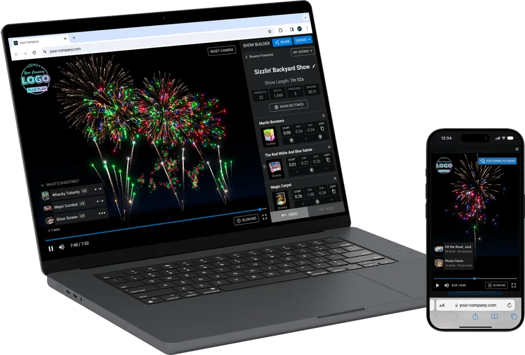 A 3D fireworks show designed in a web browser.